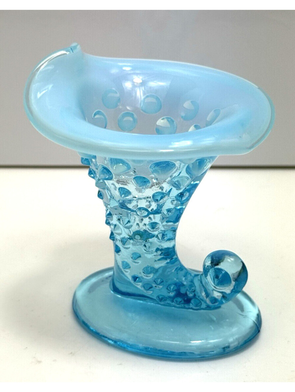 Fenton Aqua Blue Opalescent Hobnail Cornucopia Vase Boot 3”